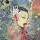 A woman, nestled in a beautiful bouquet and next to a skull, smokes while blood drips down her mouth.